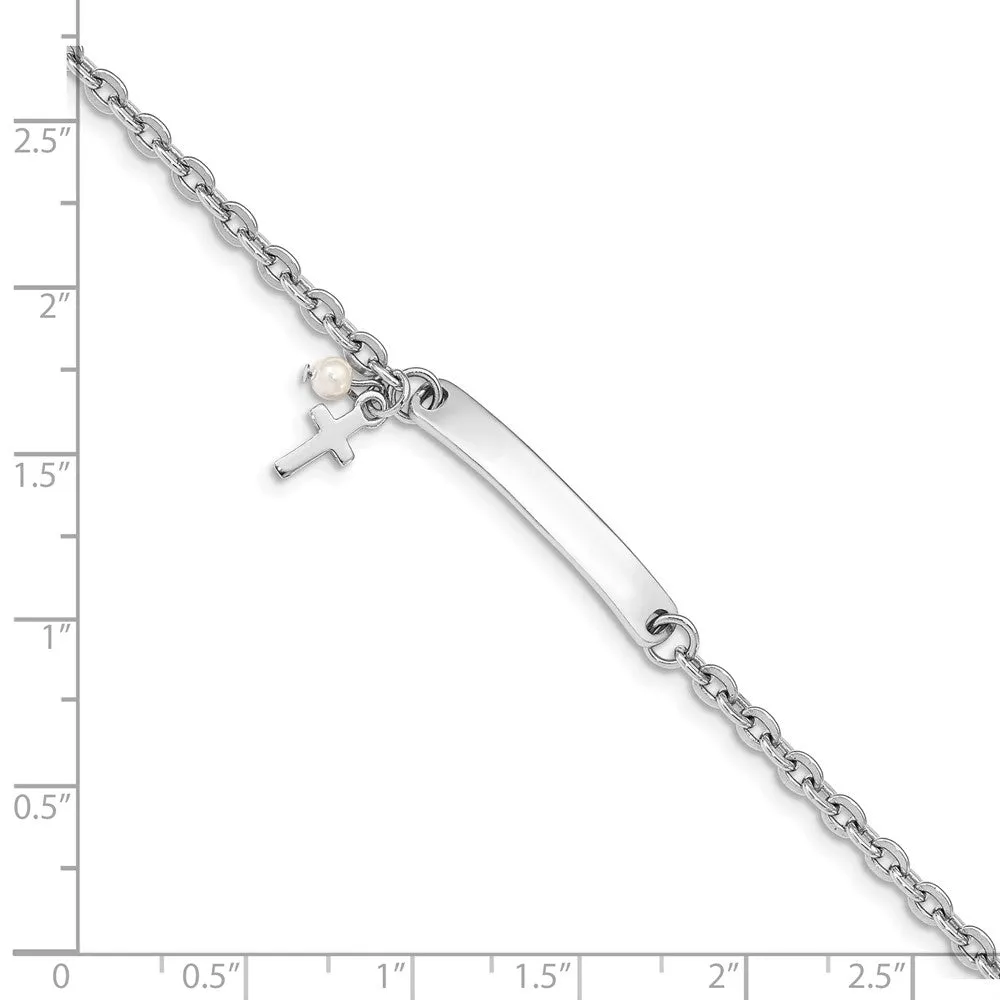 Sterling Silver and Pearl 7-inch Cross ID Bracelet