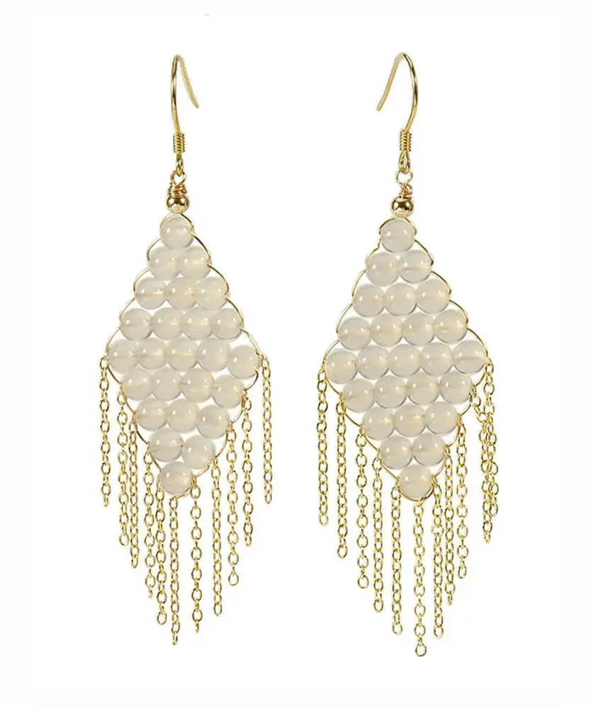 Sterling Silver Inlaid Pearl Or Agate Tassel Drop Earrings