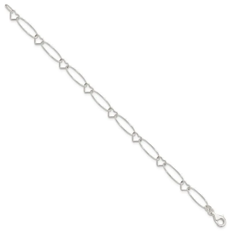 Sterling Silver Oval Link w/Hearts Bracelet