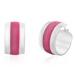 Sterling Silver Pink Enamel On Wide Hoop Earrings