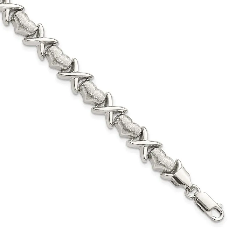 Sterling Silver Polished and Satin X and Hearts Bracelet