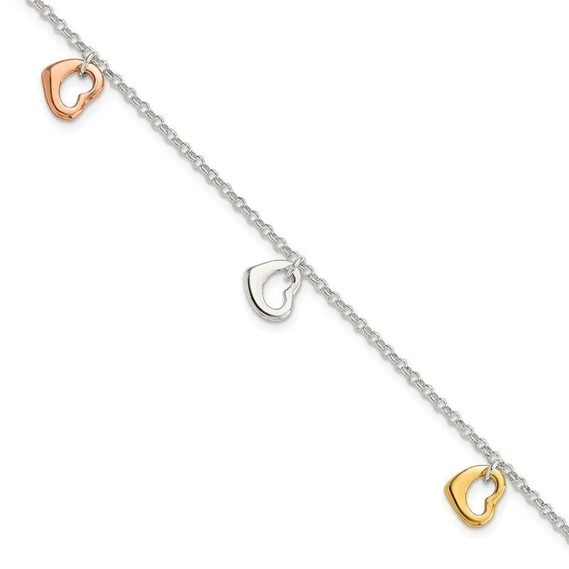 Sterling Silver Polished Flash Gold-plated Heart Bracelet