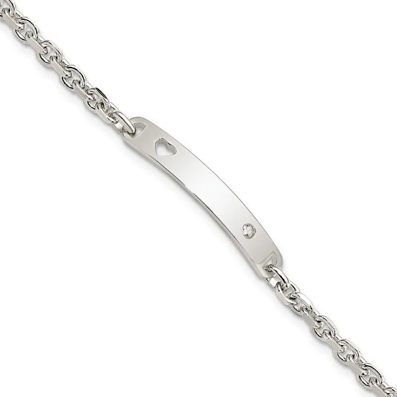 Sterling Silver Polished ID W/CZ Heart Bracelet