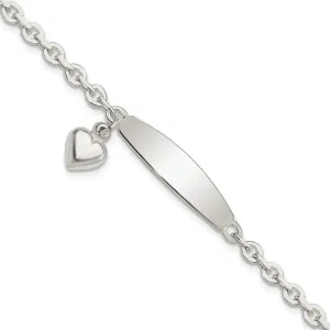 Sterling Silver Polished Rolo Link ID Heart Dangle Bracelet