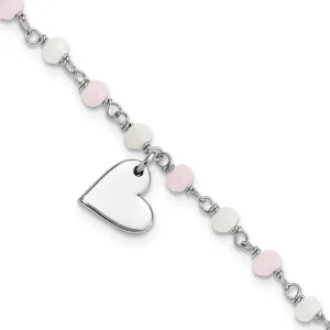 Sterling Silver Rhod-plated Heart Pink/White Glass Beads 7.5in Bracelet