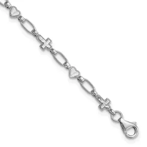 Sterling Silver Rhodium-plated 7.5 inch Heart and Cross Bracelet