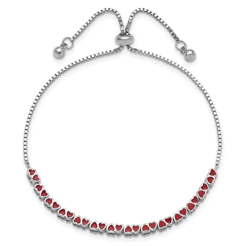 Sterling Silver Rhodium-plated Enameled Hearts Adjustable Bracelet