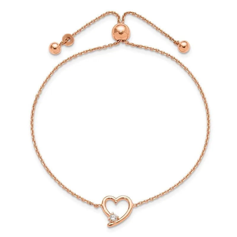 Sterling Silver Rose Gold-plated Open Heart with CZ Adjustable Bracelet