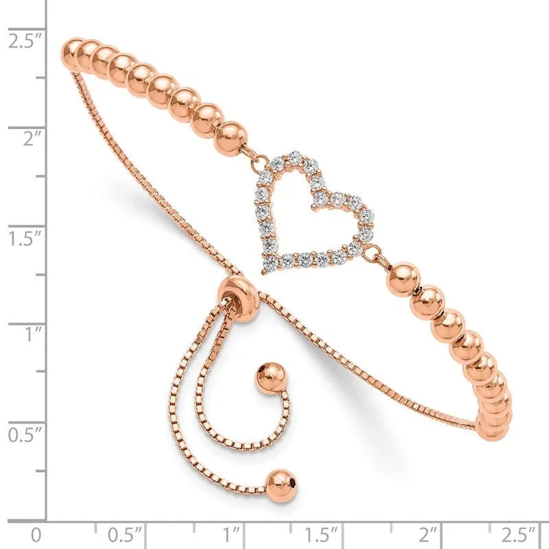 Sterling Silver Rose-tone Beaded CZ Heart Adjustable Bracelet