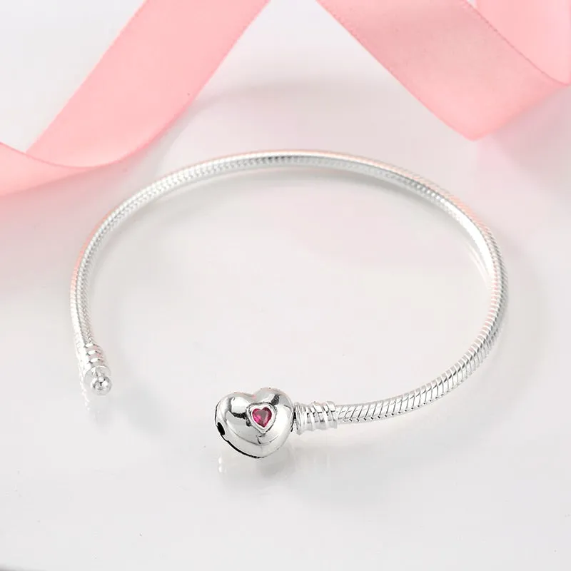 Sterling Silver Snake Chain Bracelet with Red Heart Clasp