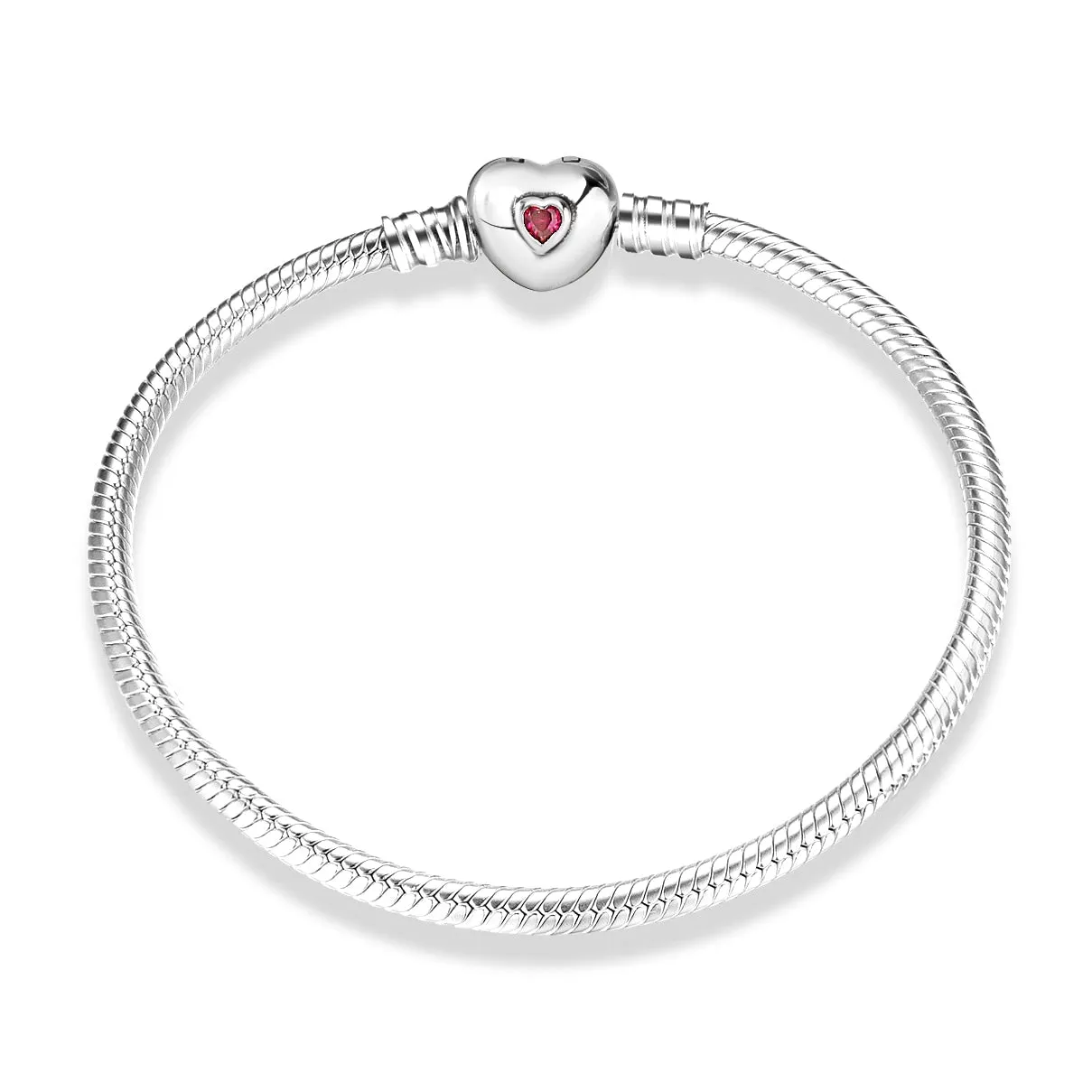 Sterling Silver Snake Chain Bracelet with Red Heart Clasp