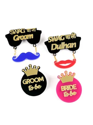 Swag wala Groom   Swag wali Dulhan   Groom To Be   Bride To Be Brooch Set of 4