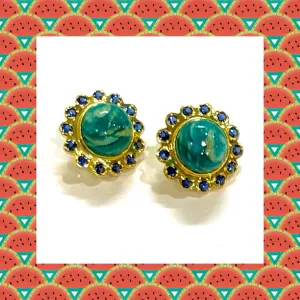 Swirling Green Amazonite and Sapphire Zircon Gemstone Gold Stud Earrings