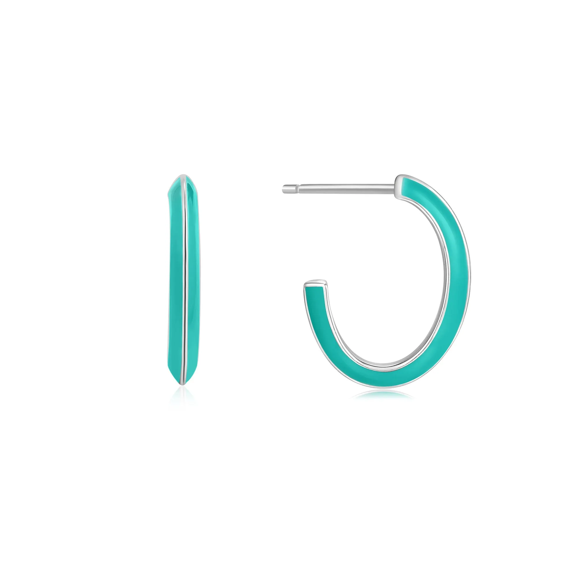 Teal Enamel Thick Silver Hoop Earrings