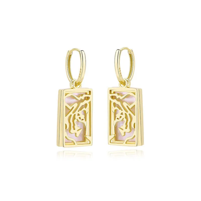 Tiger Charm Hoop Earrings - Gold, Agate & Shell