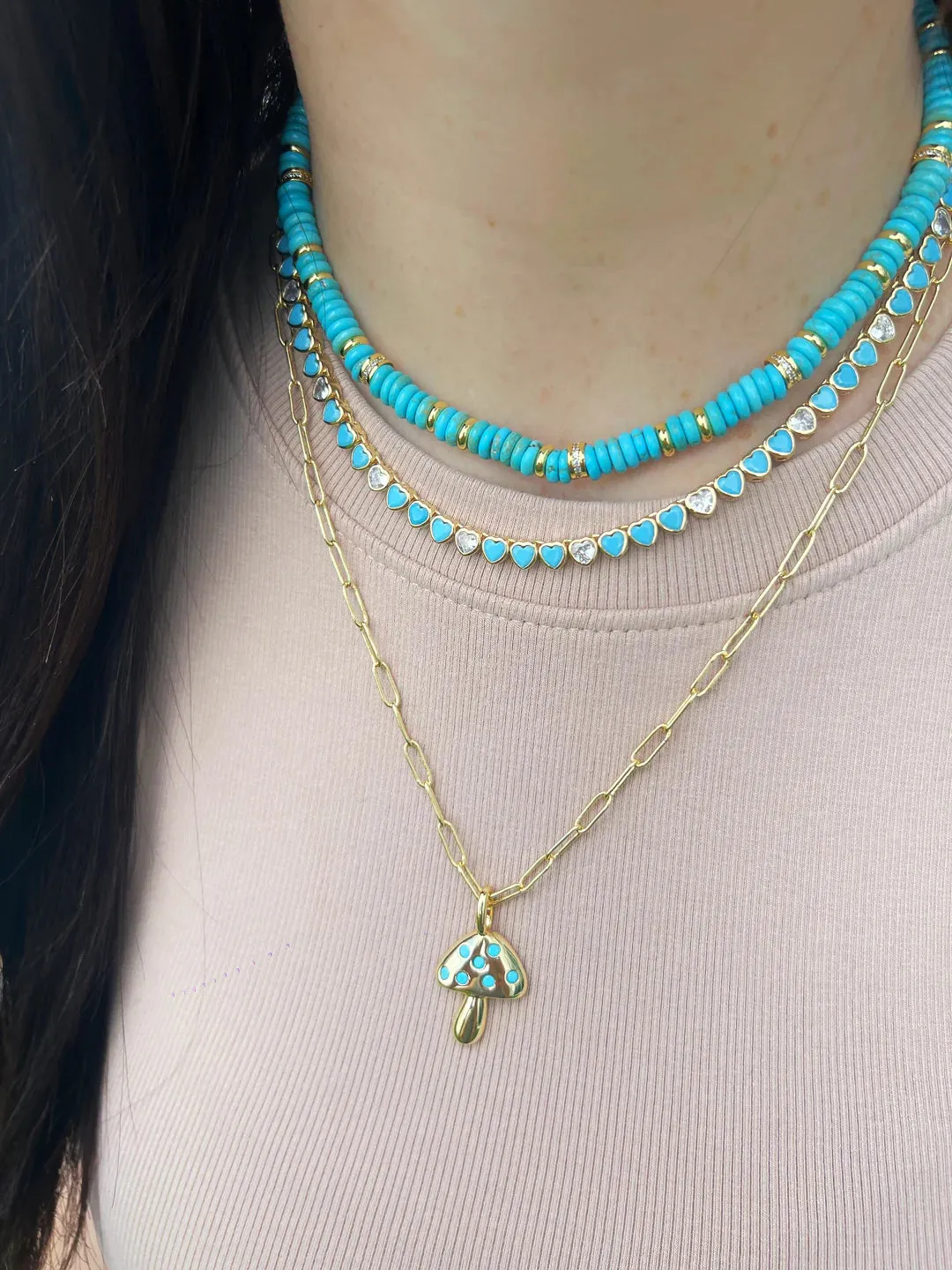 Turquoise CZ’s Bezel Heart Tennis Necklace