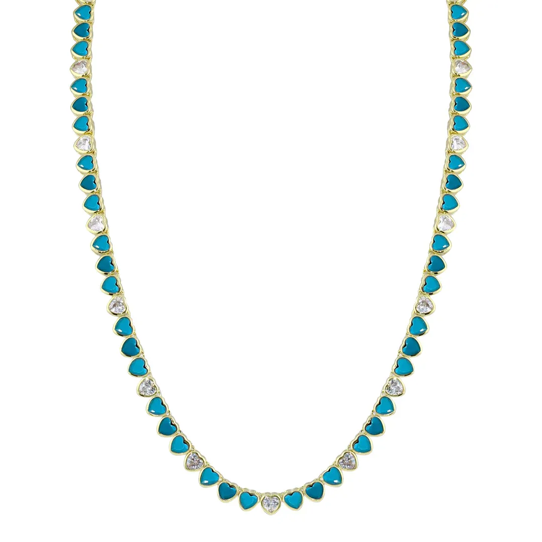 Turquoise CZ’s Bezel Heart Tennis Necklace