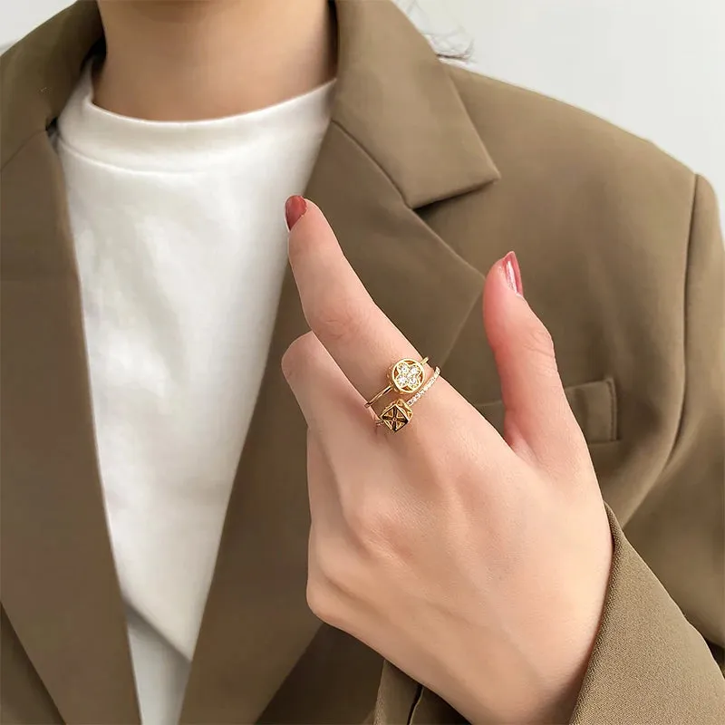 VAIGE Classic Double Layer Flower Open Ring in Gold Finish - Luxurious Copper Fashion Jewelry for Elegant Occasions