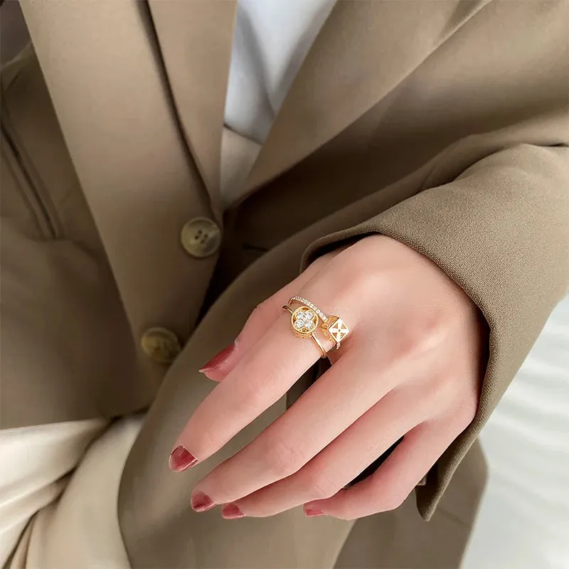 VAIGE Classic Double Layer Flower Open Ring in Gold Finish - Luxurious Copper Fashion Jewelry for Elegant Occasions