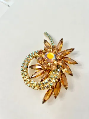 Vintage 1950's shimmery delightful orange citrine glass brooch, with a dusting of aurora borealis stones, so elegant!