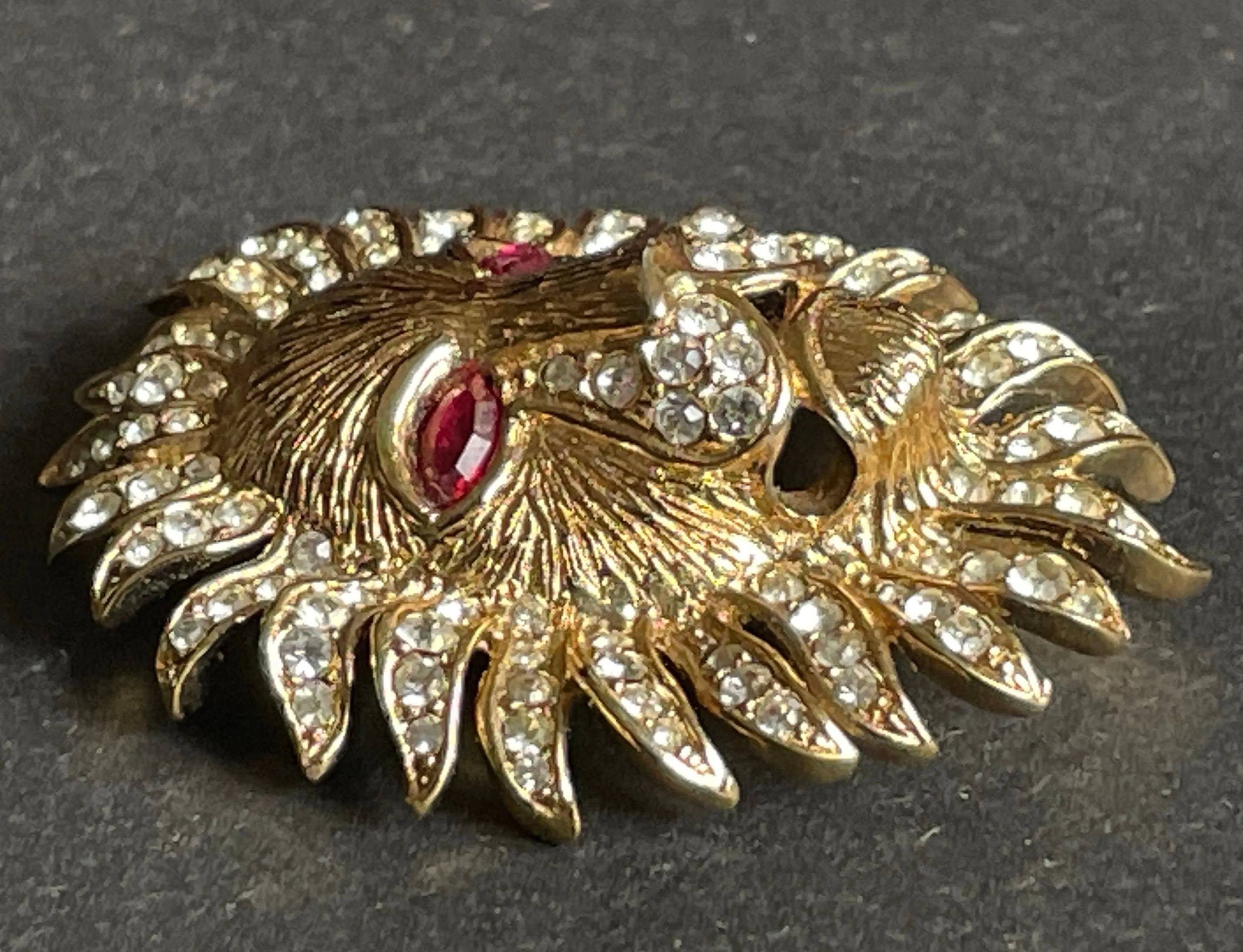 Vintage Attwood and Sawyer (A&S) large rhinestone lion brooch - signed, 22ct gold plated, unusual ruby red rhinestone eyes