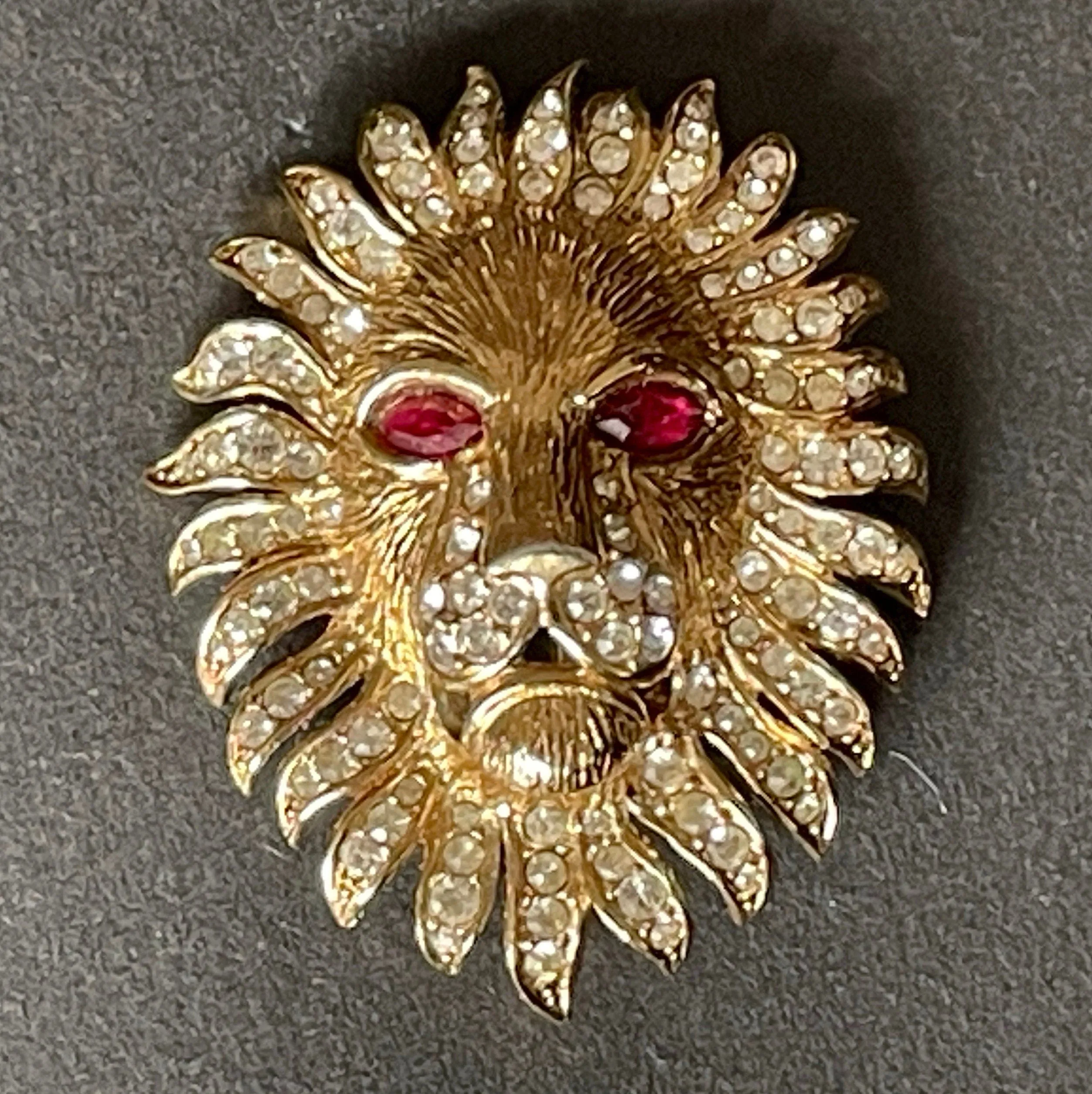 Vintage Attwood and Sawyer (A&S) large rhinestone lion brooch - signed, 22ct gold plated, unusual ruby red rhinestone eyes