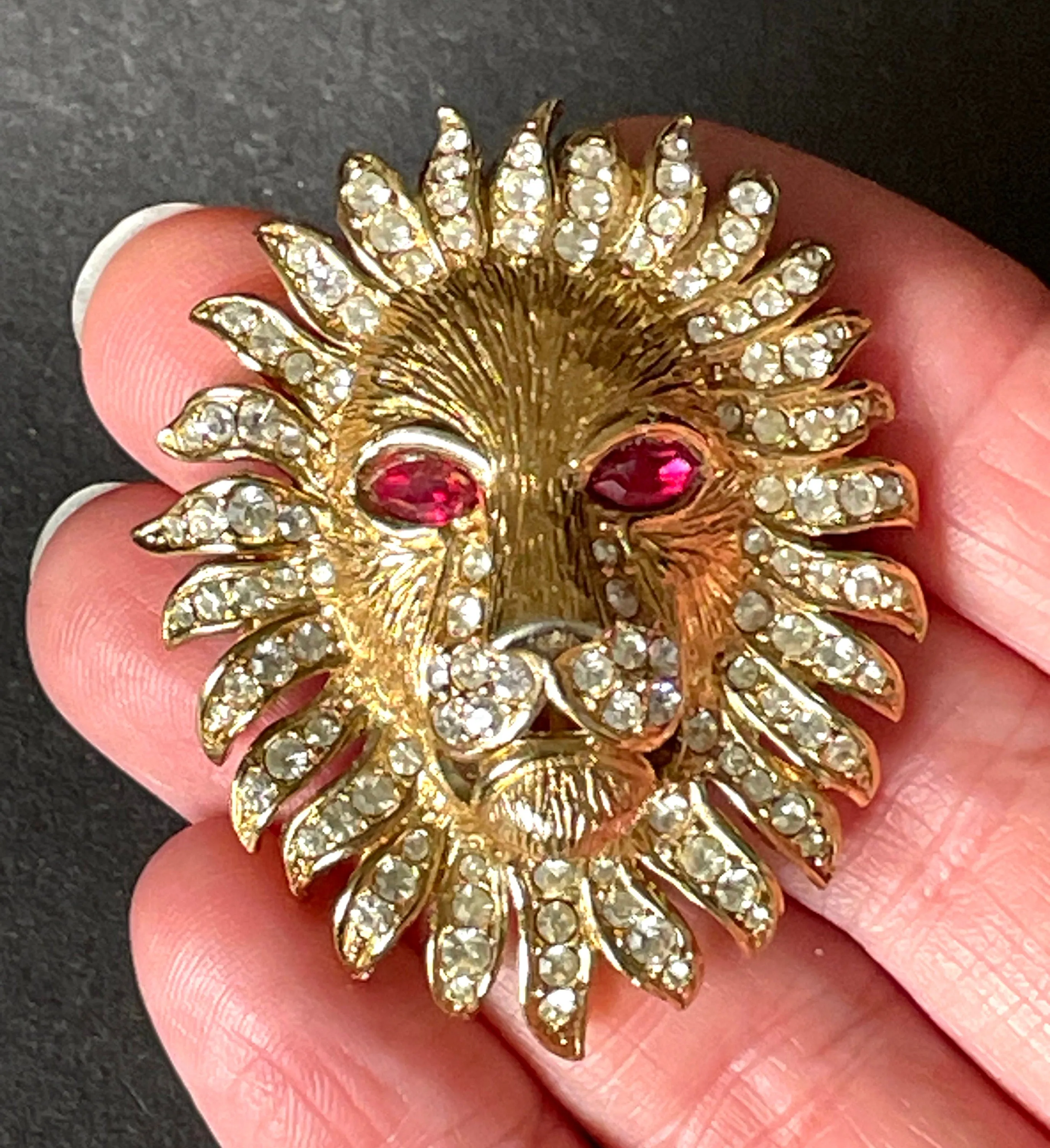 Vintage Attwood and Sawyer (A&S) large rhinestone lion brooch - signed, 22ct gold plated, unusual ruby red rhinestone eyes