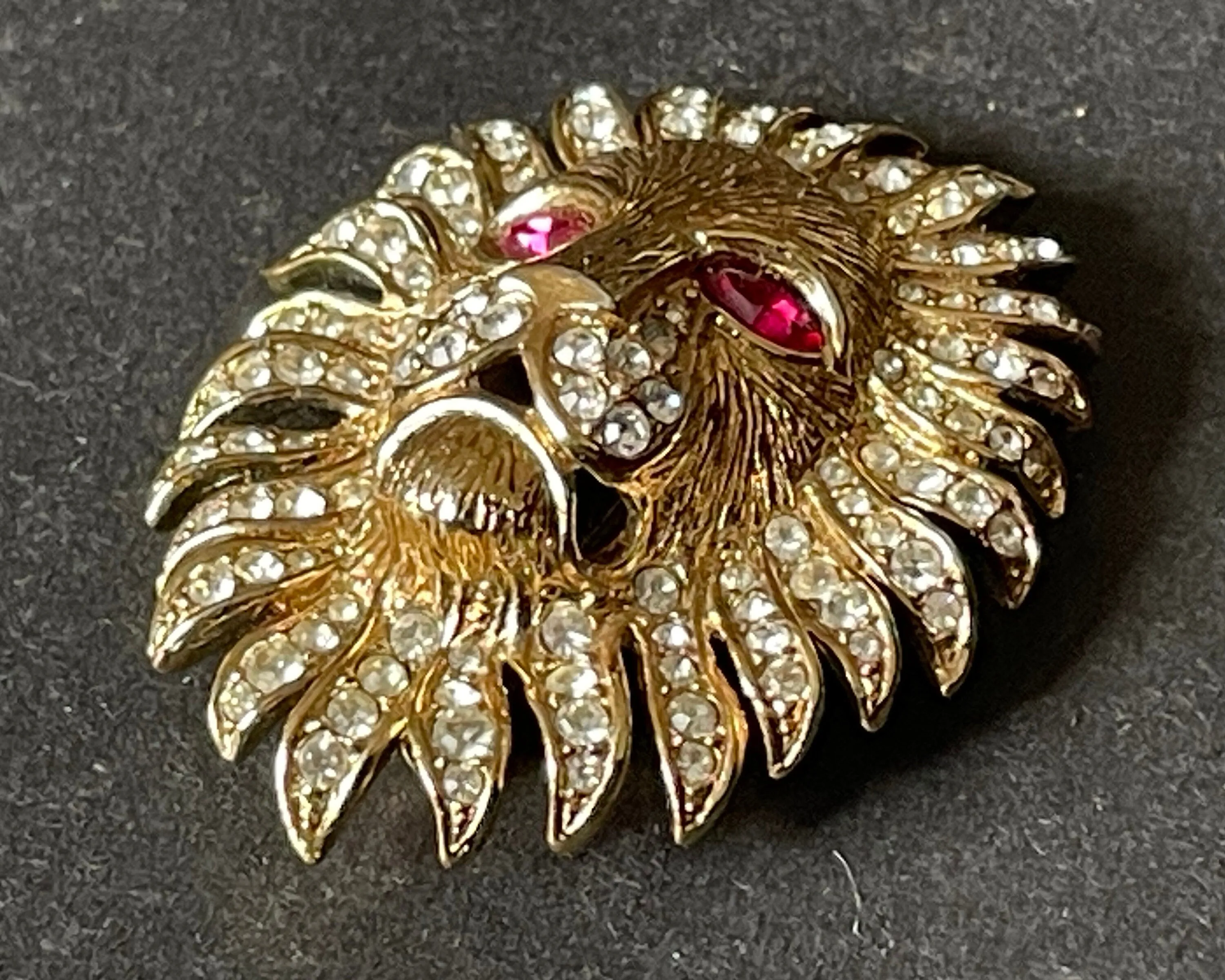 Vintage Attwood and Sawyer (A&S) large rhinestone lion brooch - signed, 22ct gold plated, unusual ruby red rhinestone eyes