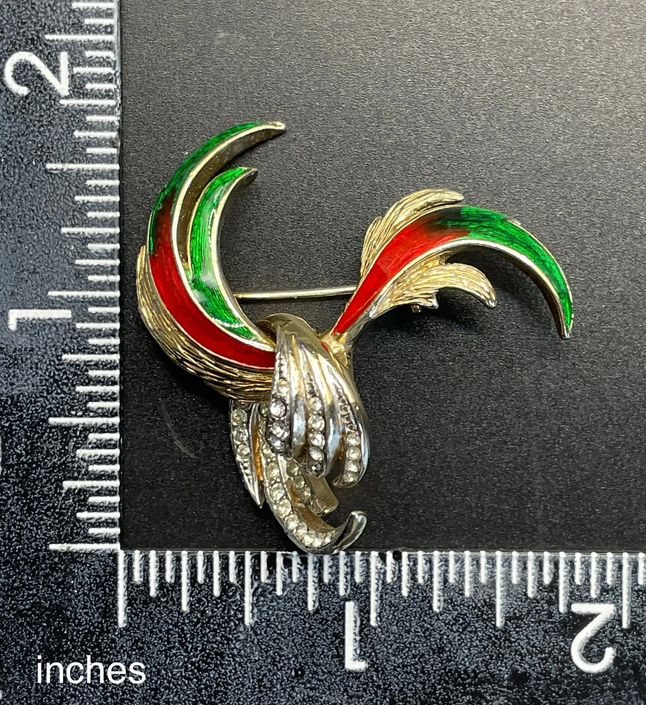 Vintage Attwood and Sawyer abstract swirl brooch, 22ct gold plated, red and green enamel and clear rhinestones, signed A&S