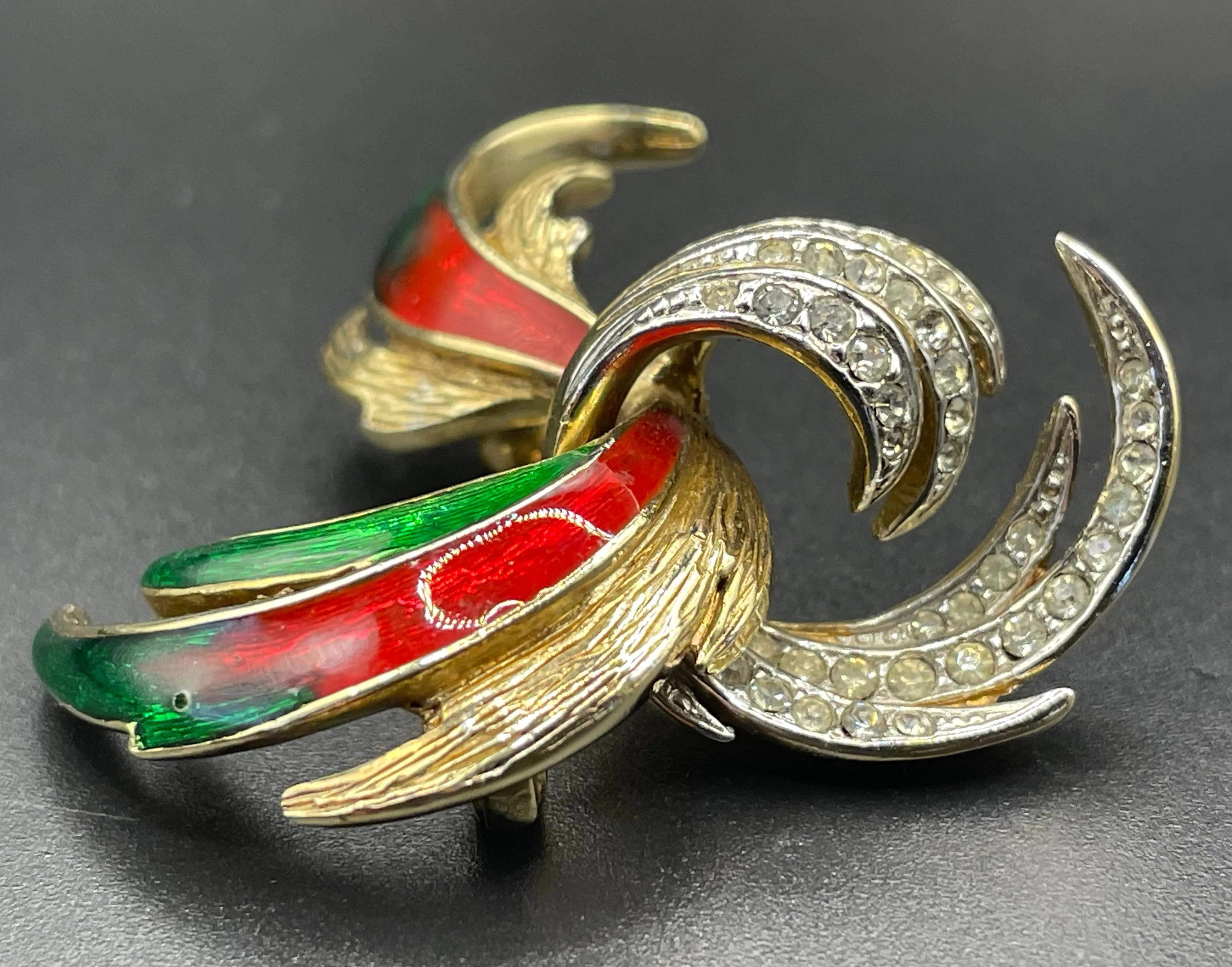 Vintage Attwood and Sawyer abstract swirl brooch, 22ct gold plated, red and green enamel and clear rhinestones, signed A&S