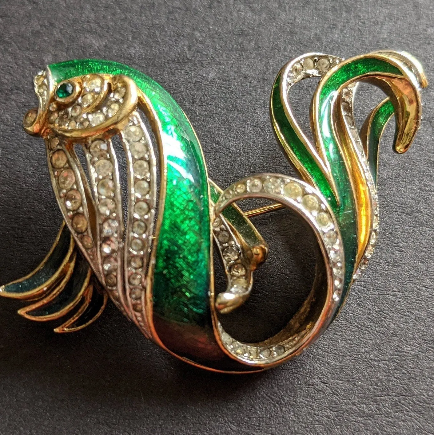 Vintage Attwood and Sawyer large fish brooch, 22ct gold plated, green enamel and rhinestone, signed A&S