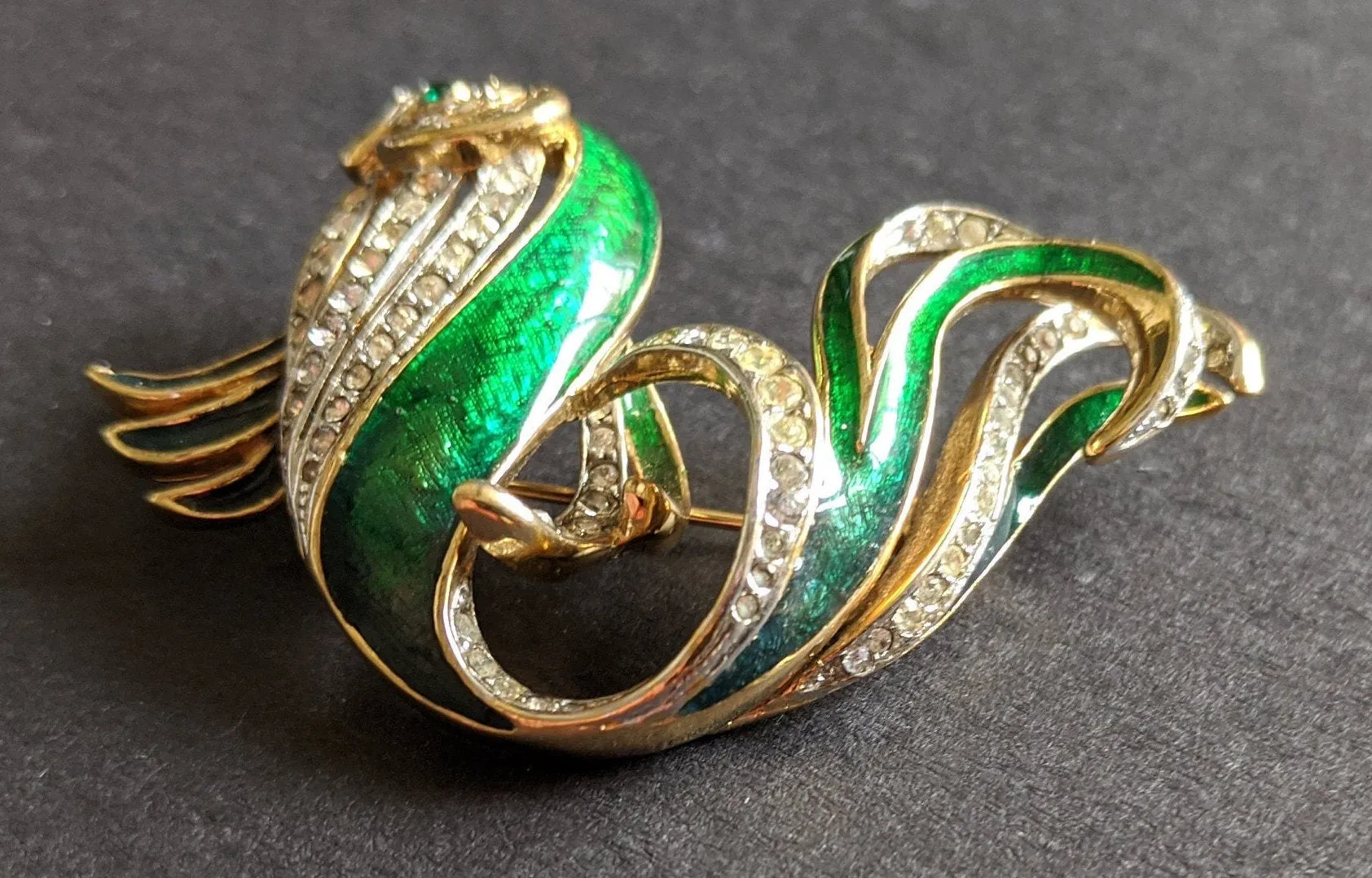 Vintage Attwood and Sawyer large fish brooch, 22ct gold plated, green enamel and rhinestone, signed A&S