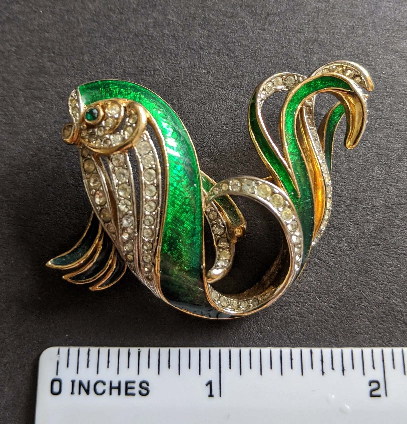 Vintage Attwood and Sawyer large fish brooch, 22ct gold plated, green enamel and rhinestone, signed A&S