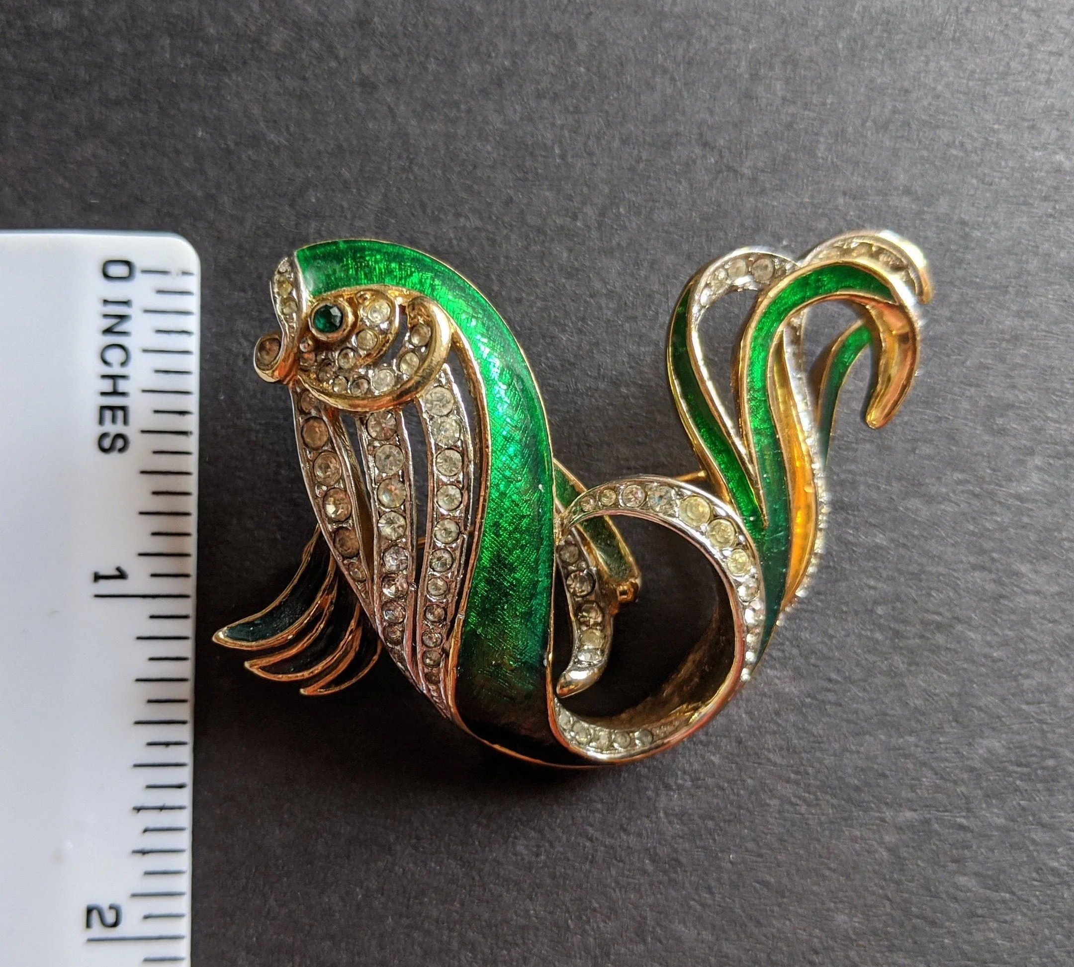 Vintage Attwood and Sawyer large fish brooch, 22ct gold plated, green enamel and rhinestone, signed A&S