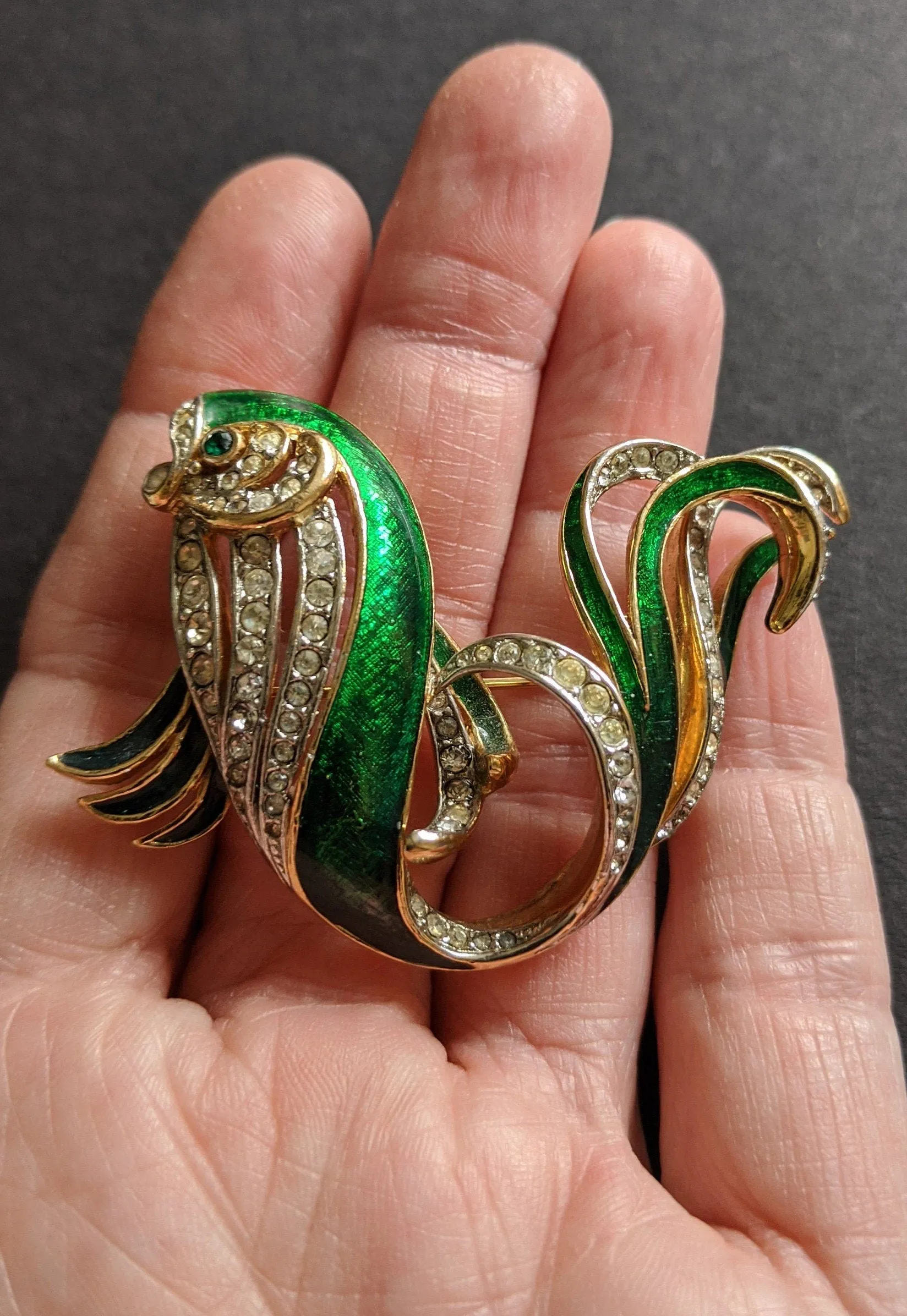 Vintage Attwood and Sawyer large fish brooch, 22ct gold plated, green enamel and rhinestone, signed A&S