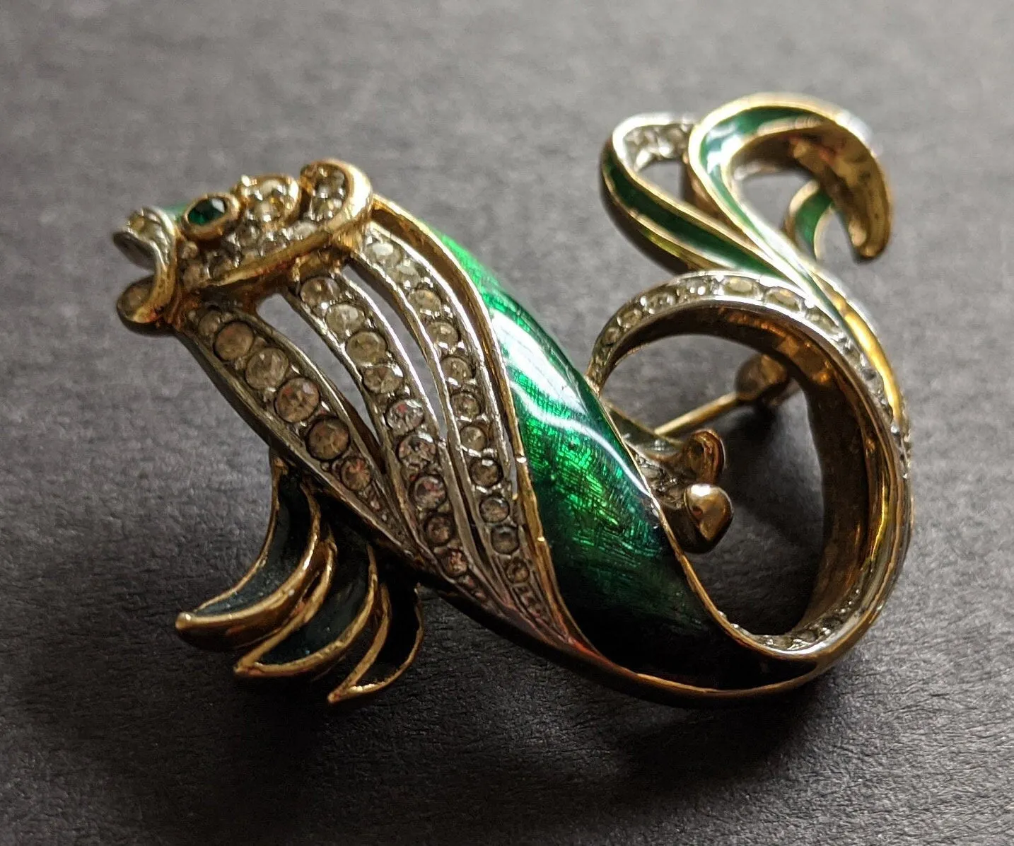 Vintage Attwood and Sawyer large fish brooch, 22ct gold plated, green enamel and rhinestone, signed A&S