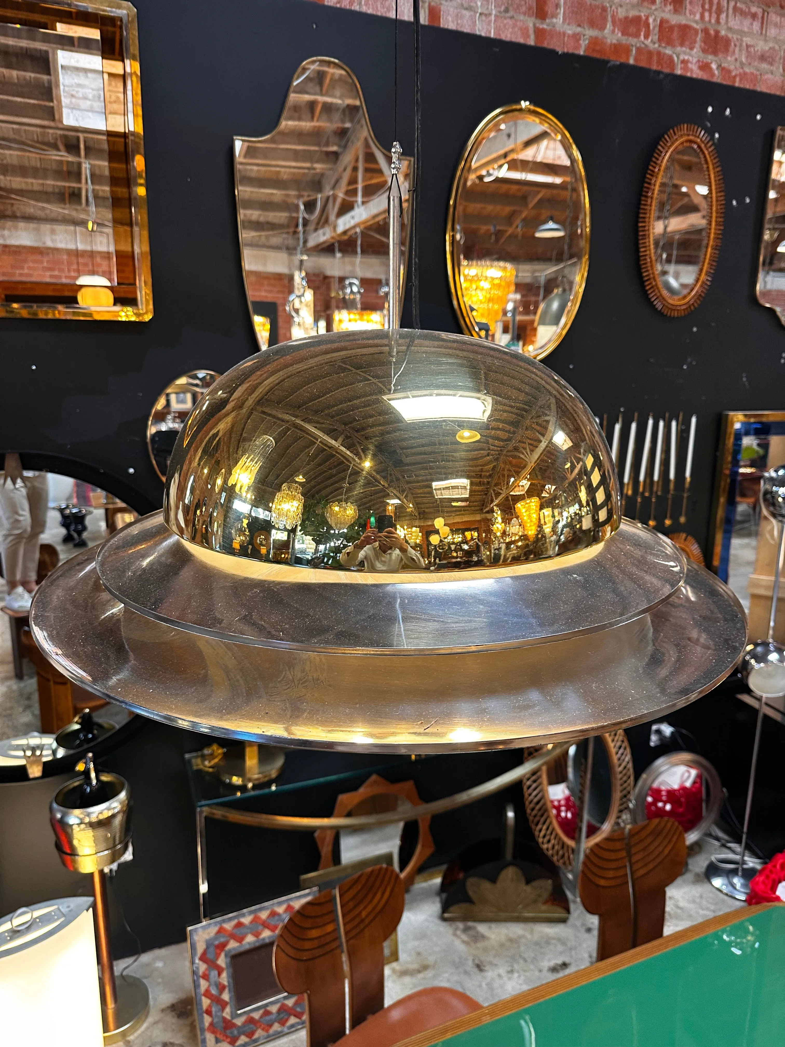 Vintage Italian Fully Brass UFO Pendant Light 1970s