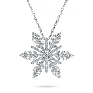 Winter Holiday Snowflake Pendant Necklace Rhodium Plated for Christmas Parties