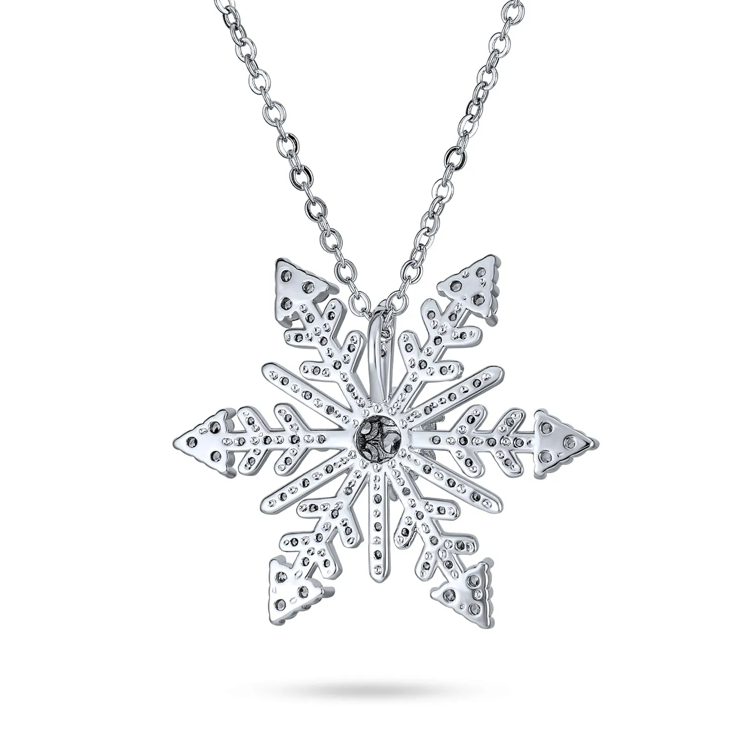 Winter Holiday Snowflake Pendant Necklace Rhodium Plated for Christmas Parties