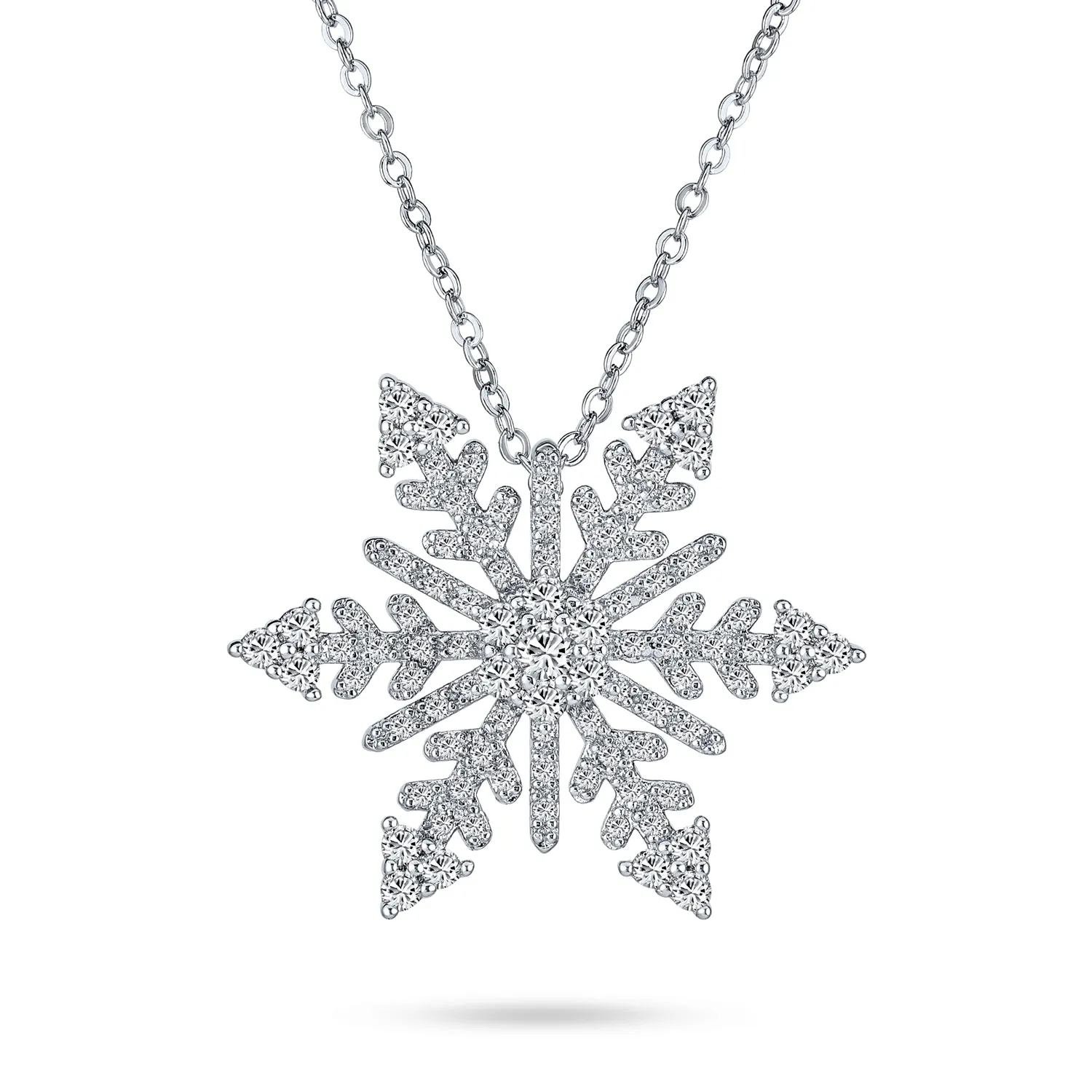 Winter Holiday Snowflake Pendant Necklace Rhodium Plated for Christmas Parties