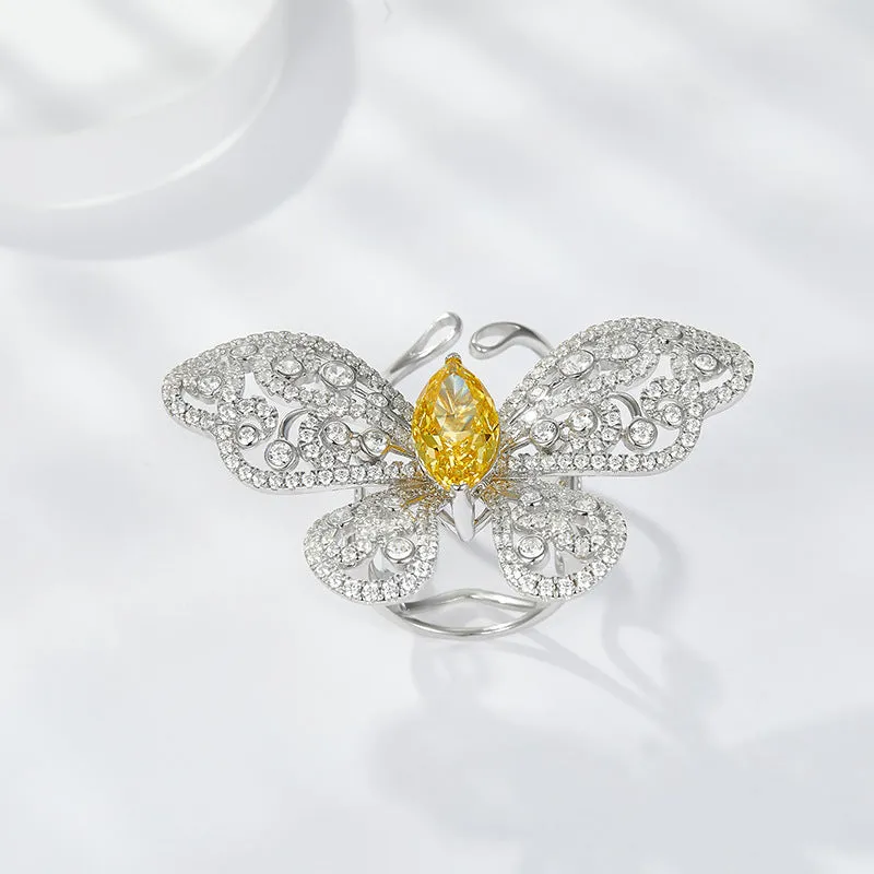 Yellow Zircon Marquise Ice Cut Active Butterfly Luxurious Silver Ring