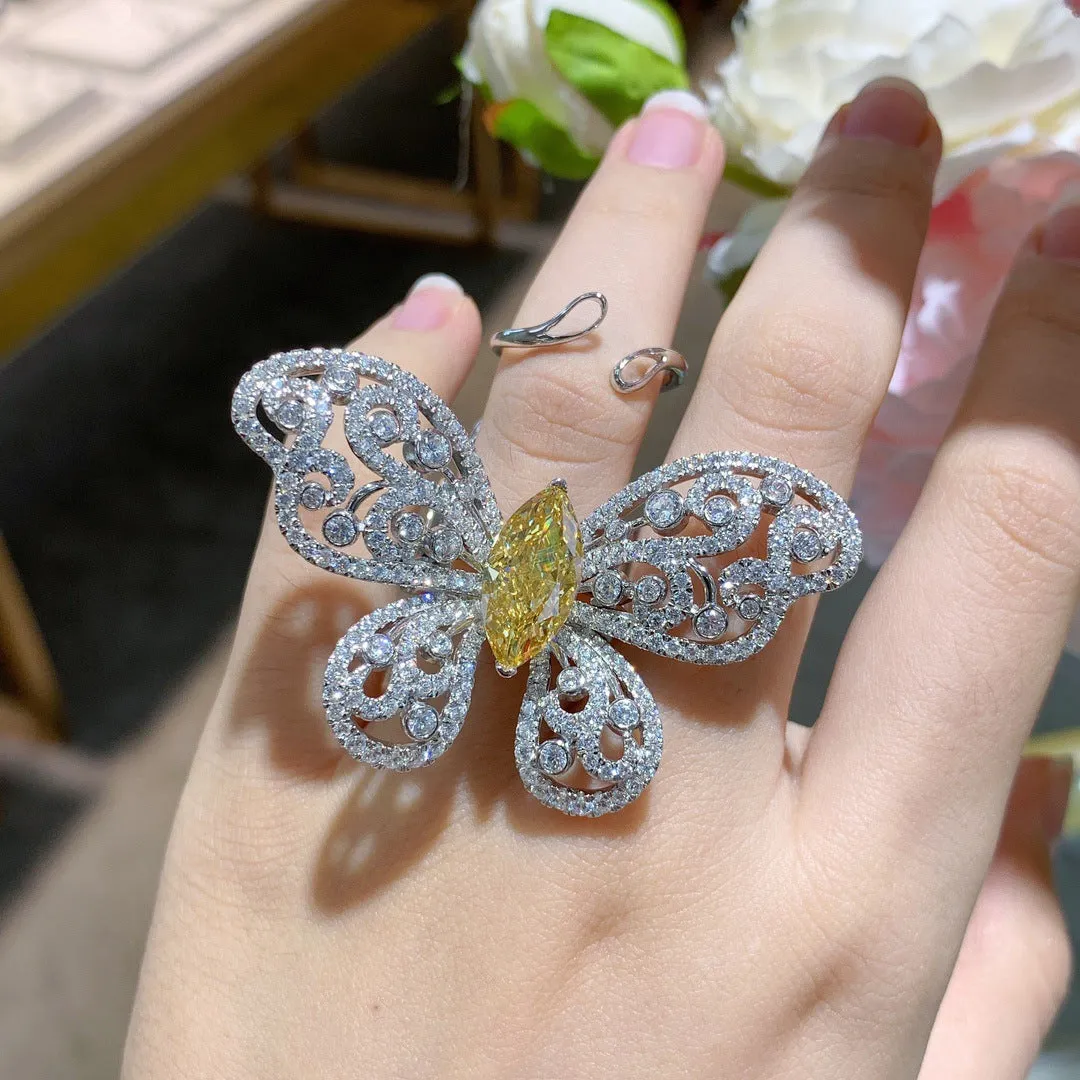 Yellow Zircon Marquise Ice Cut Active Butterfly Luxurious Silver Ring