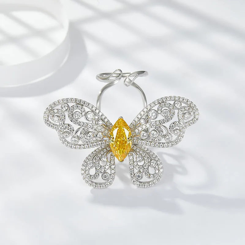 Yellow Zircon Marquise Ice Cut Active Butterfly Luxurious Silver Ring